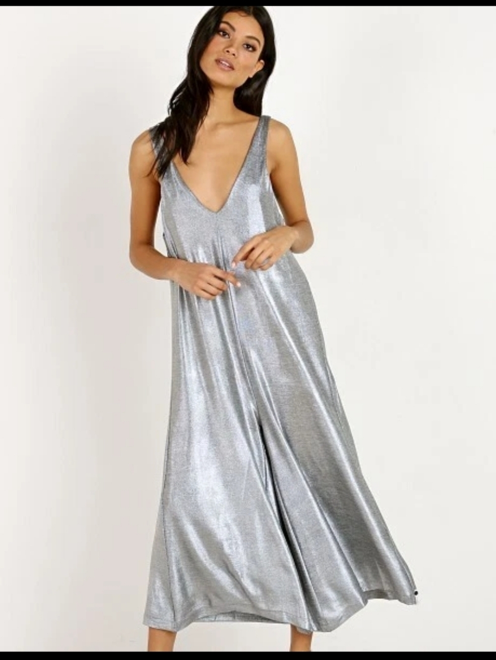One Teaspoon Rebel Muse Silver Metallic Jumpsuit V-Neck Wide Leg Disco Size M